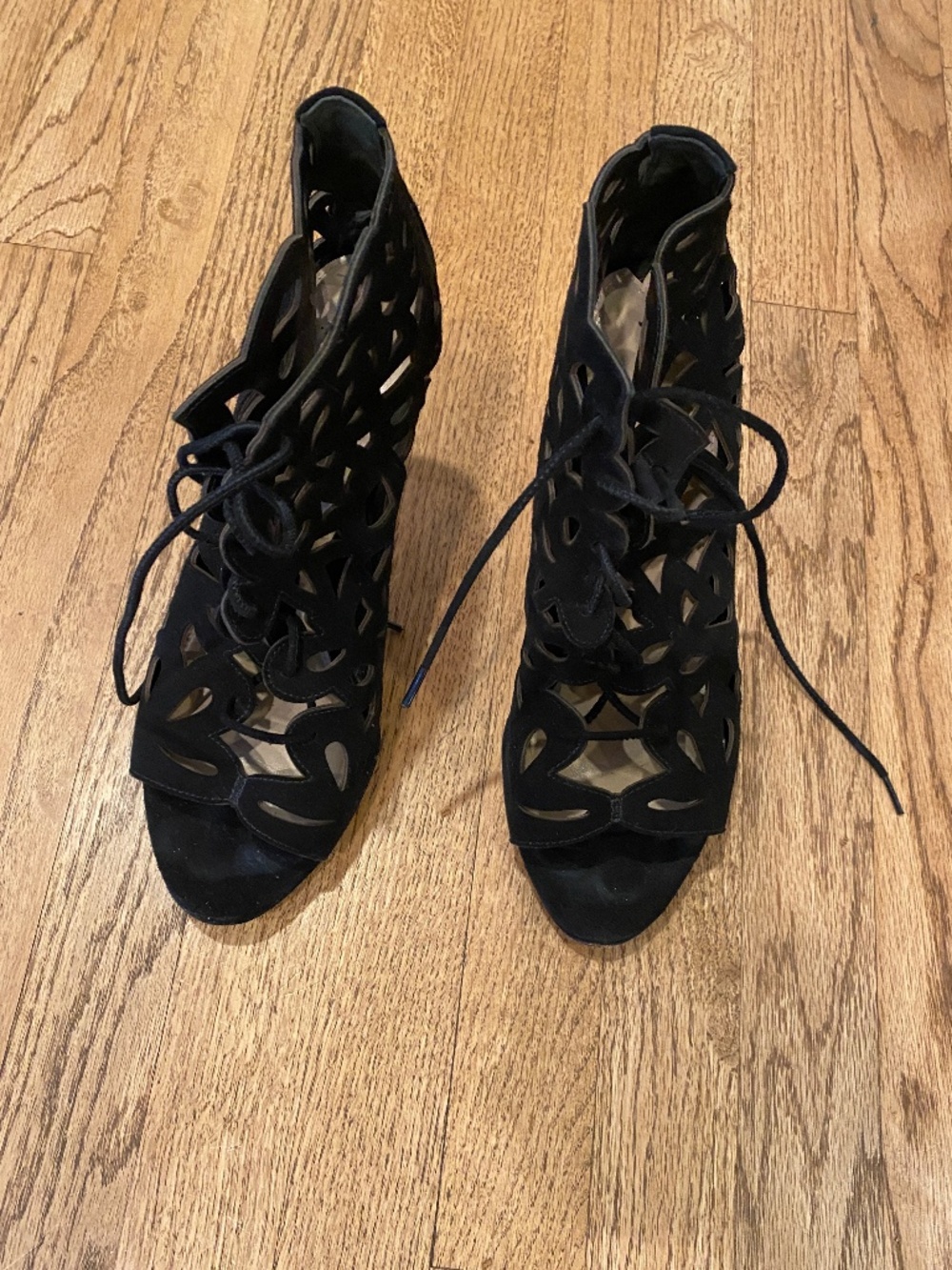 VIA SPIGA “V-Oria" S Black Suede Laser Cut Booties Heels